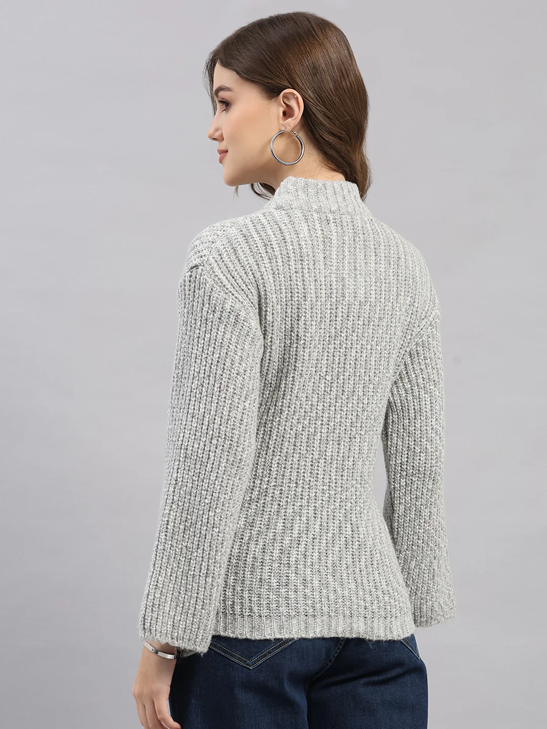 Women Grey Self Design Round Neck Full Sleeve Winter Top - Image 5