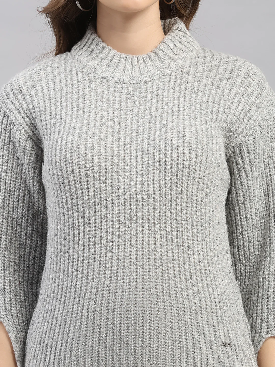 Women Grey Self Design Round Neck Full Sleeve Winter Top - Image 7