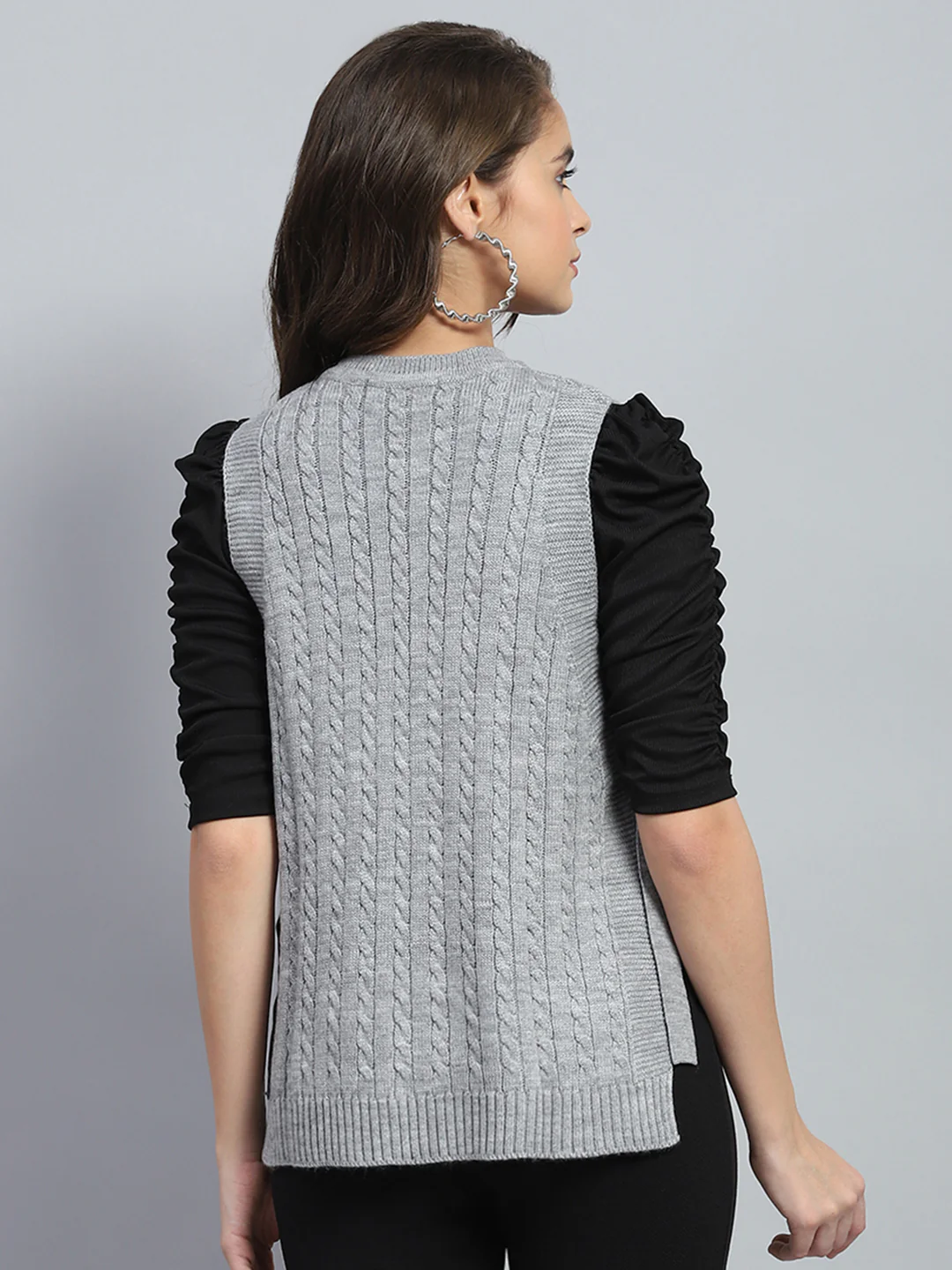 Women Grey Self Design Round Neck Sleeveless Winter Top - Image 5
