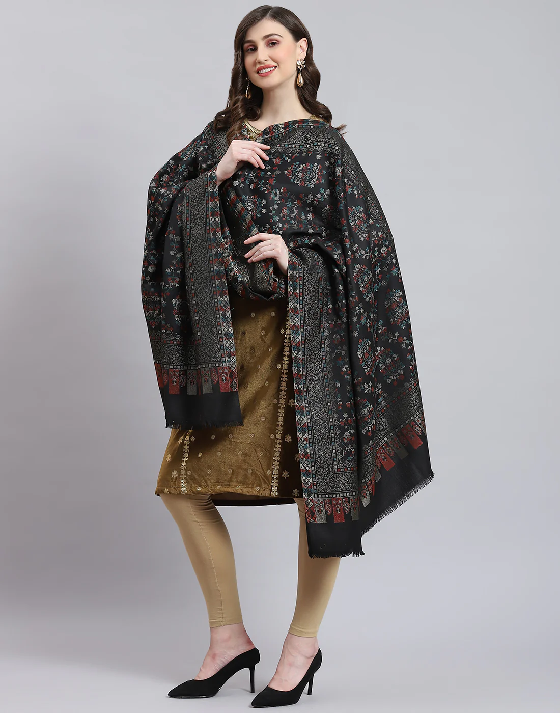 Women Grey Self Design Shawl - Image 3
