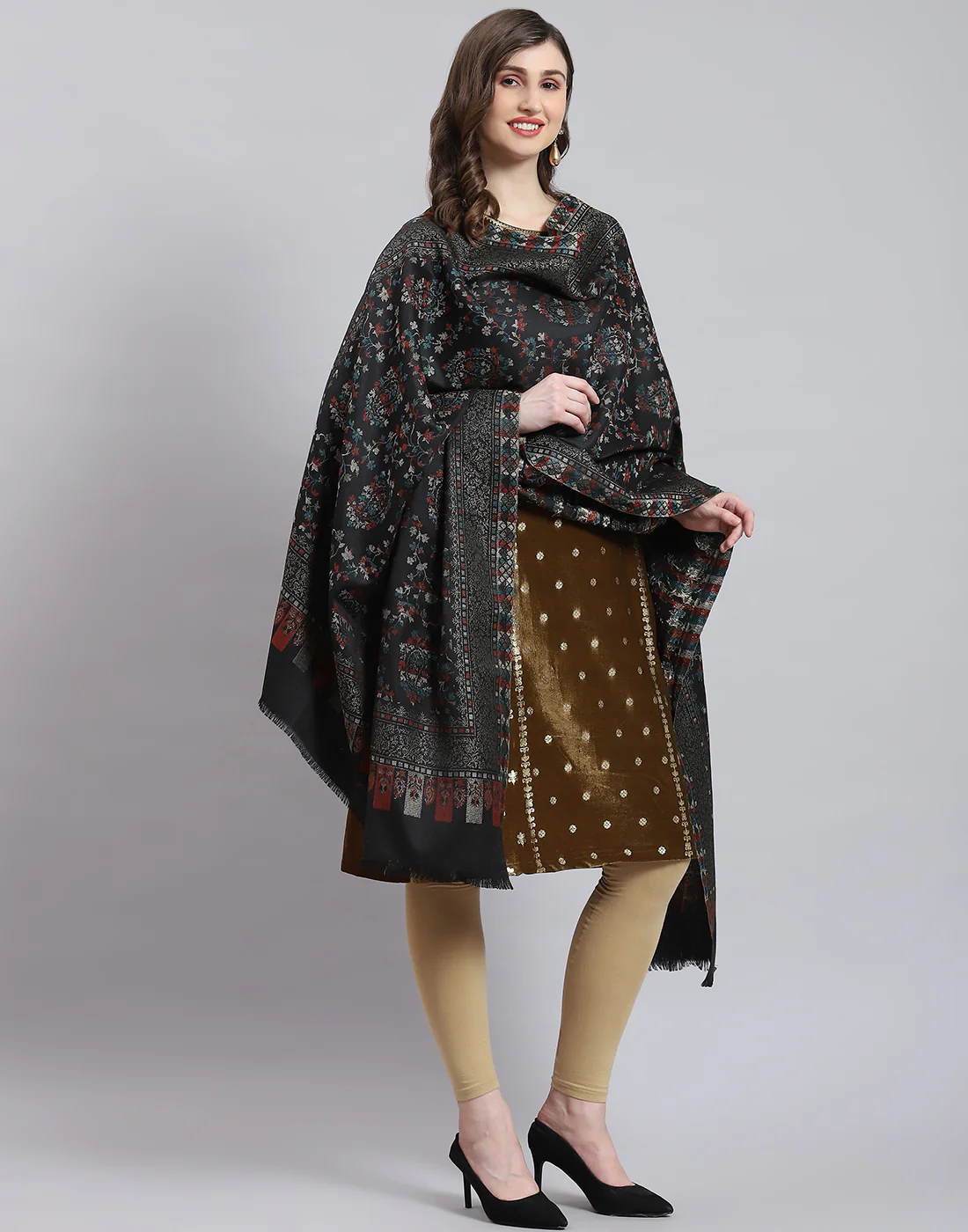 Women Grey Self Design Shawl - Image 4