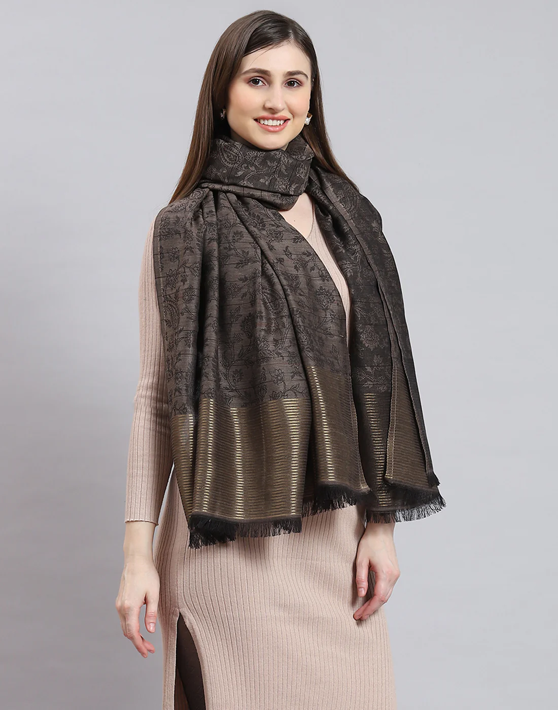 Women Grey Self Design Shawl - Image 4