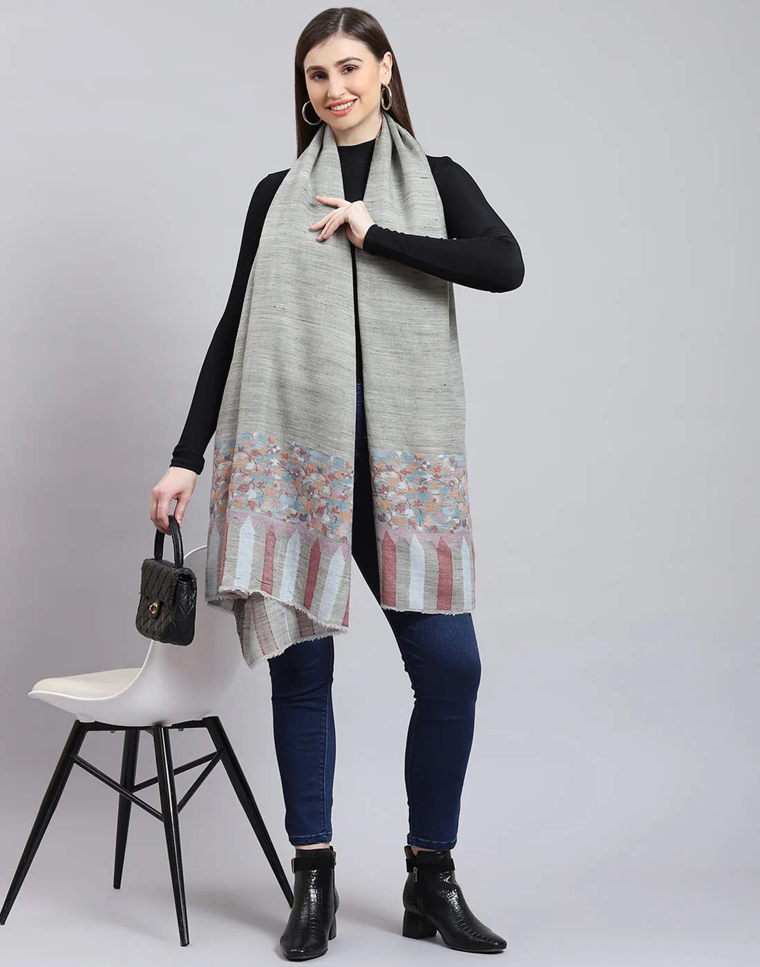 Women Grey Self Design Shawl - Image 2