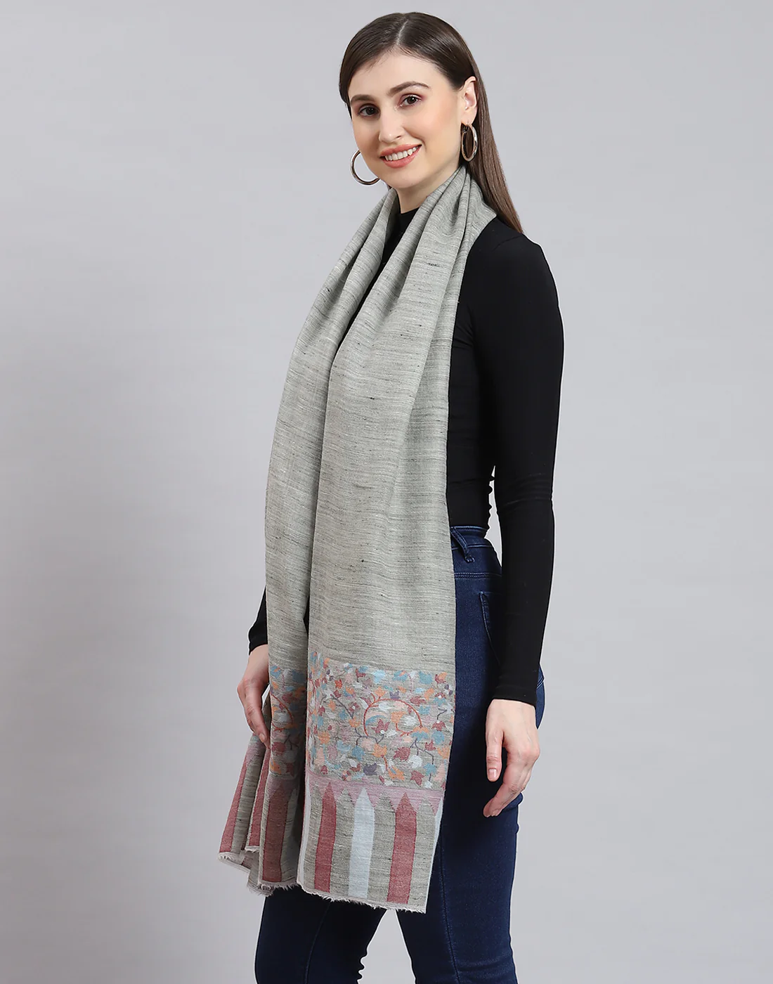 Women Grey Self Design Shawl - Image 4