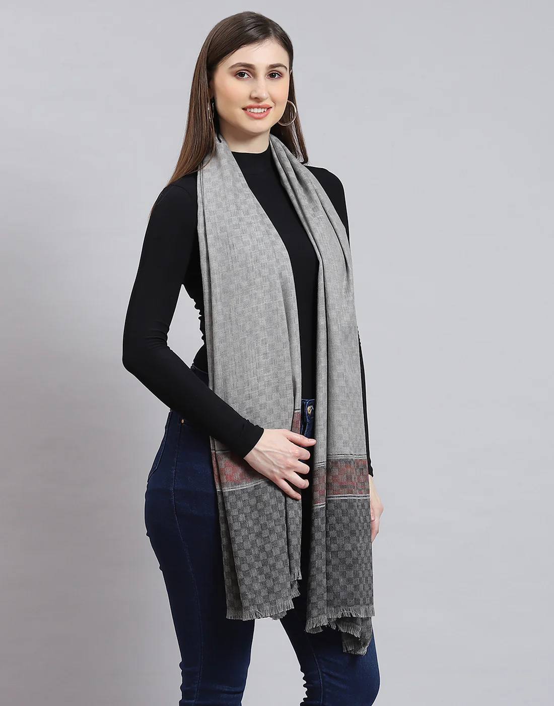 Women Grey Self Design Shawl - Image 4