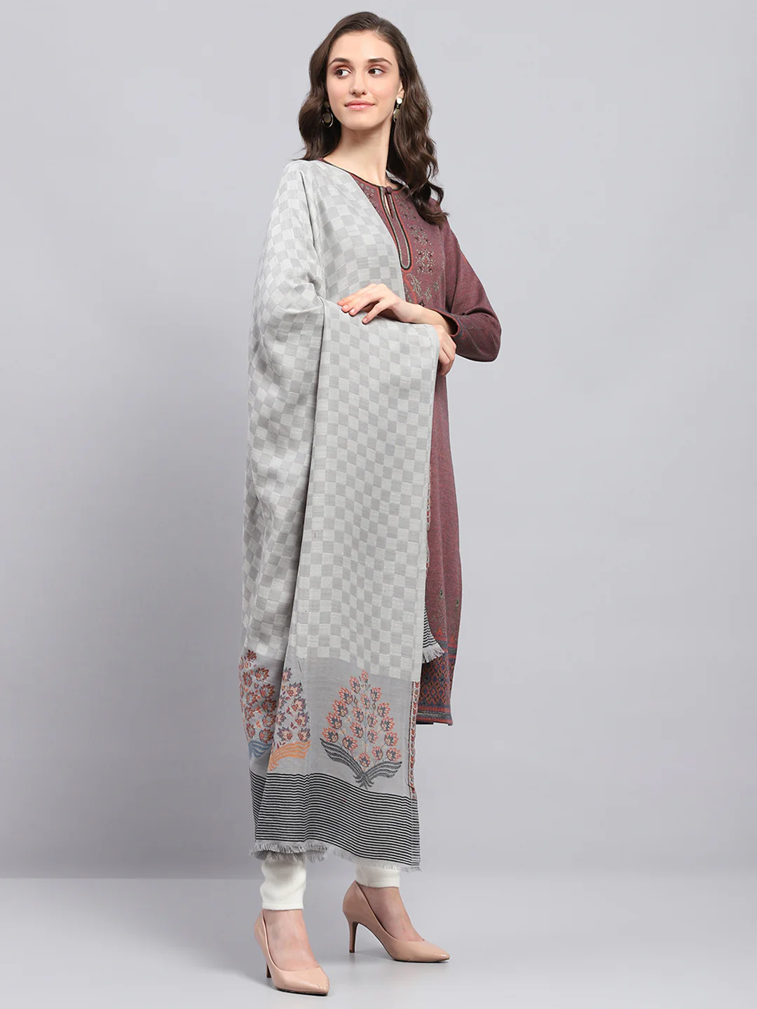 Women Grey Self Design Shawl - Image 4