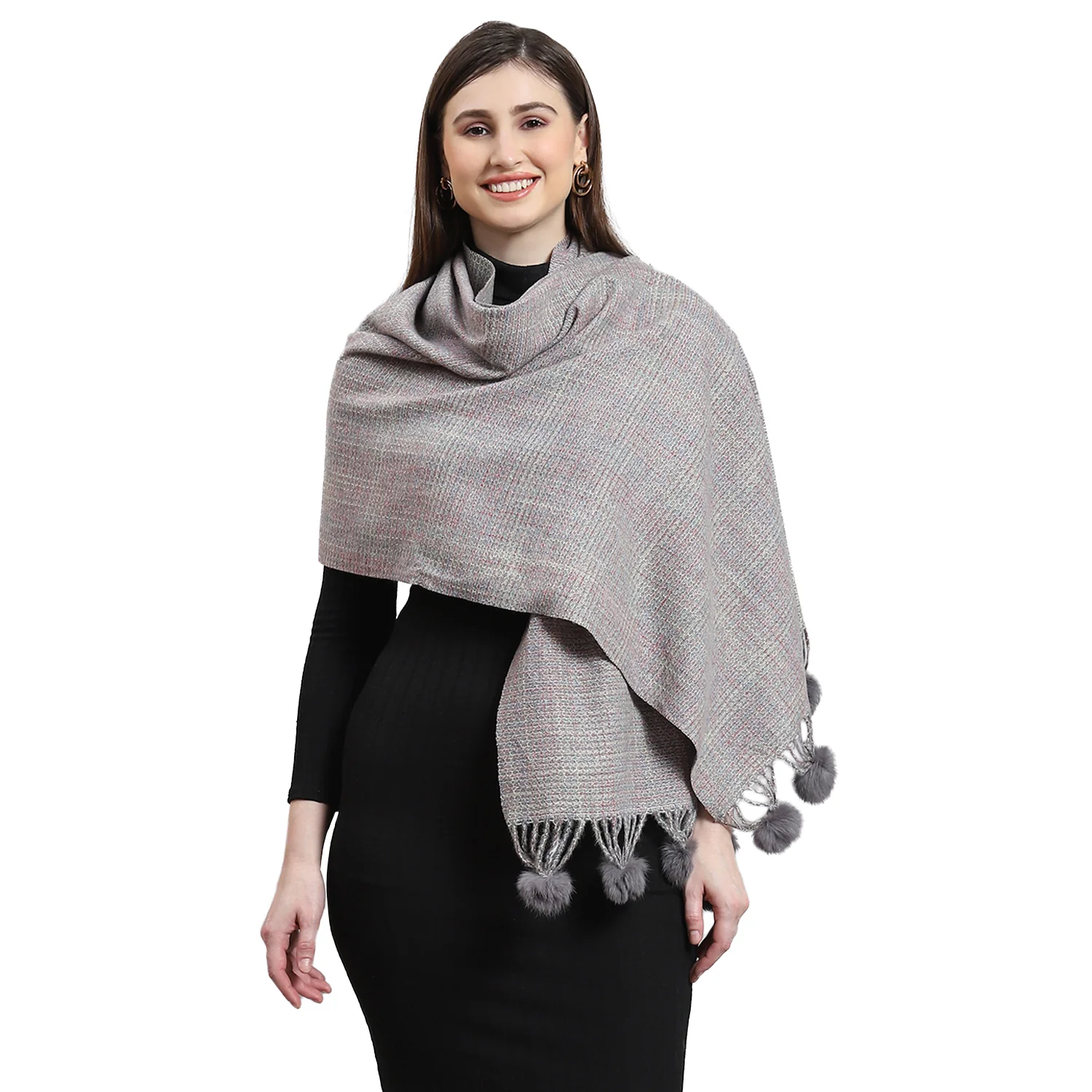 Women Grey Self Design Stole - Image 5