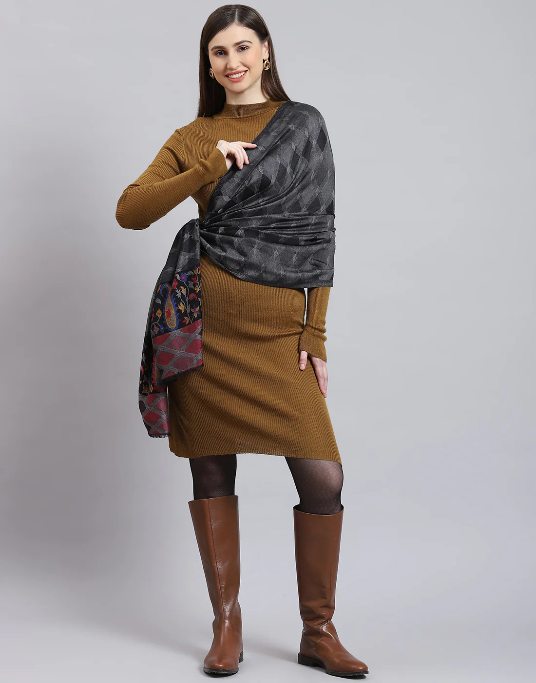 Women Grey Self Design Stole - Image 3