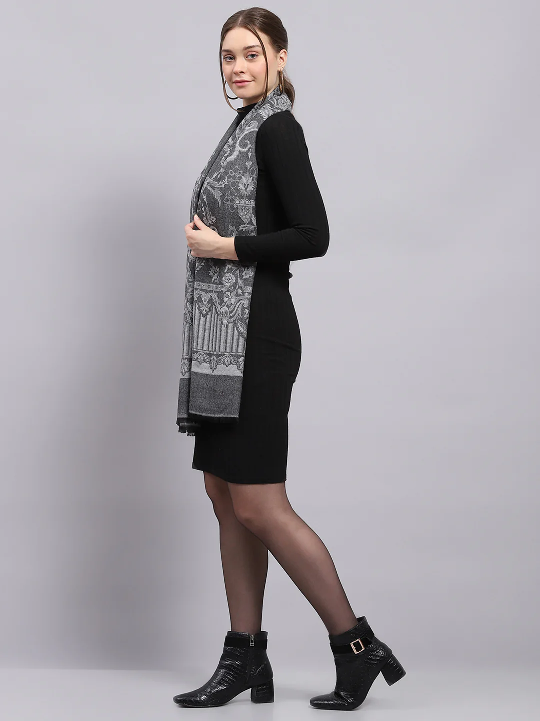 Women Grey Self Design Stole - Image 3