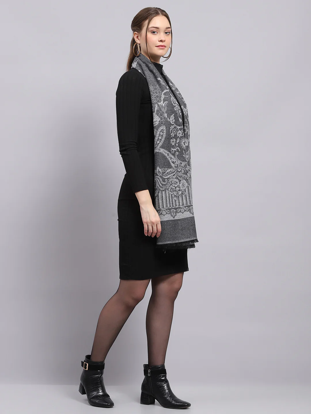 Women Grey Self Design Stole - Image 4