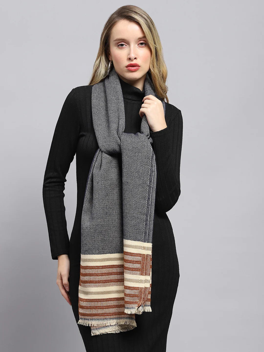 Women Grey Self Design Stole - Image 3
