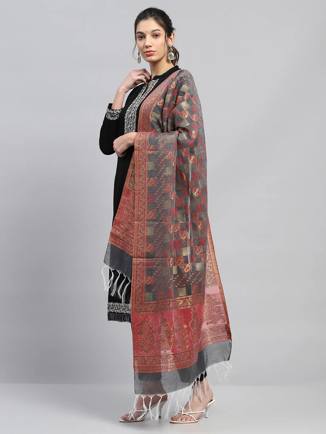 Women Grey Self Design Stole - Image 3