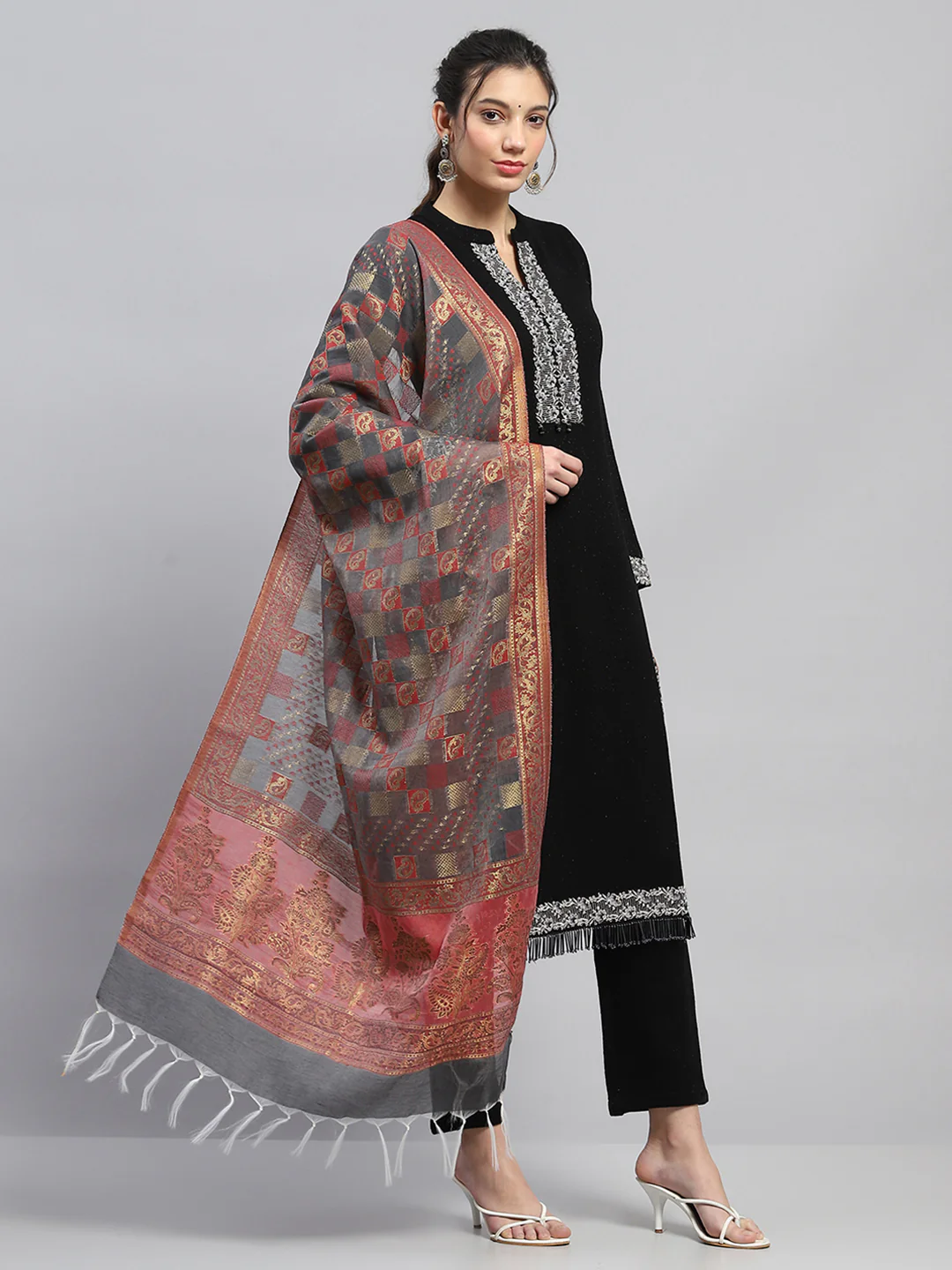 Women Grey Self Design Stole - Image 4