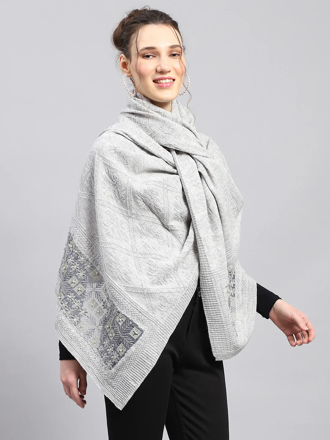 Women Grey Self Design Stole - Image 5