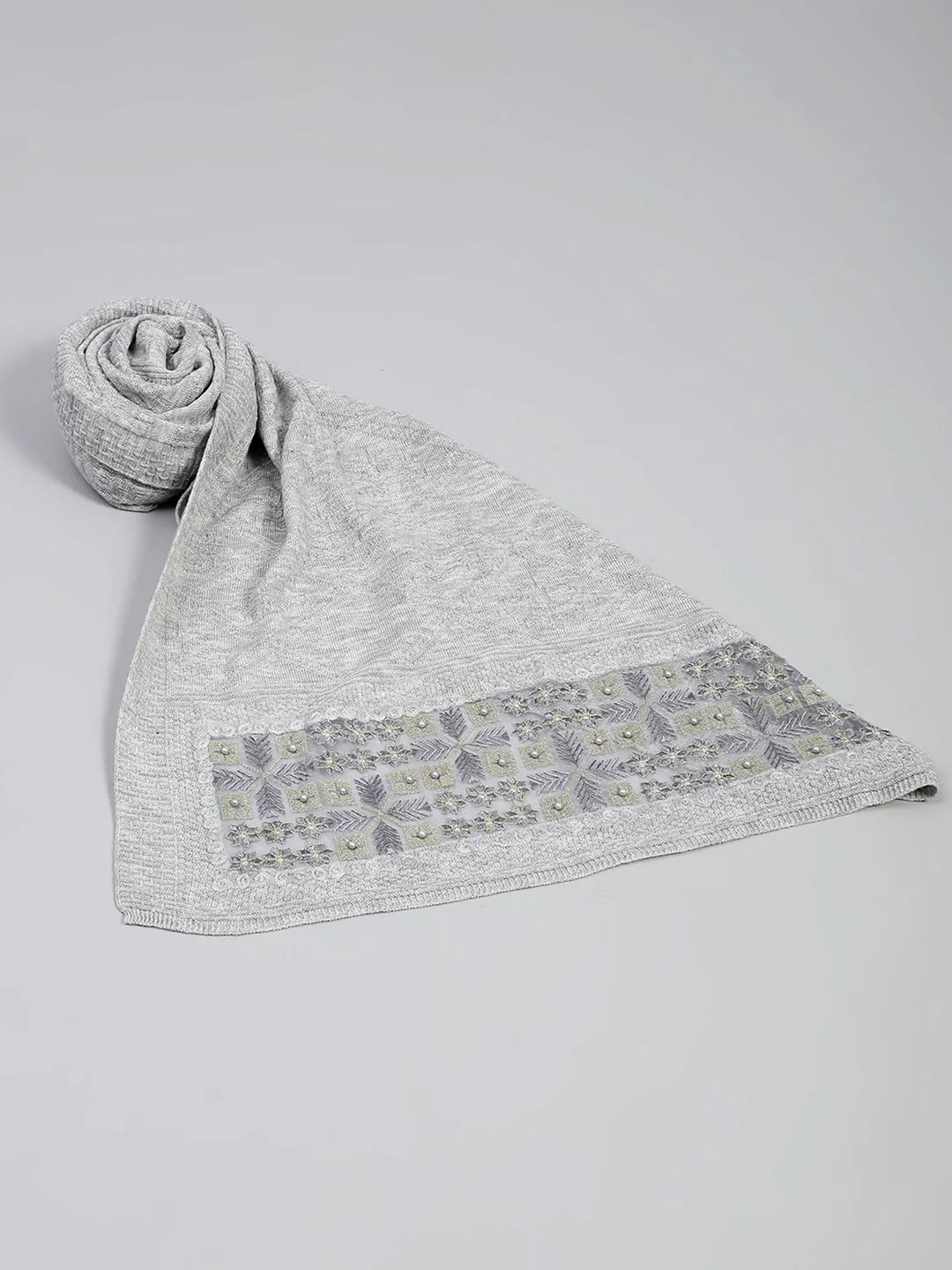 Women Grey Self Design Stole - Image 6
