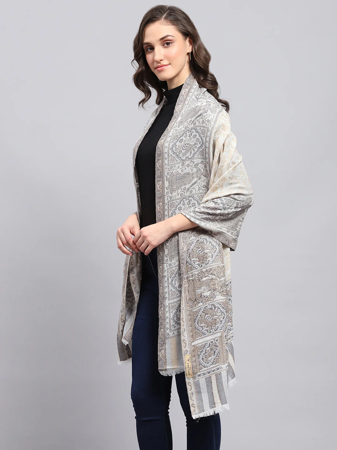 Women Grey Self Design Stole - Image 3