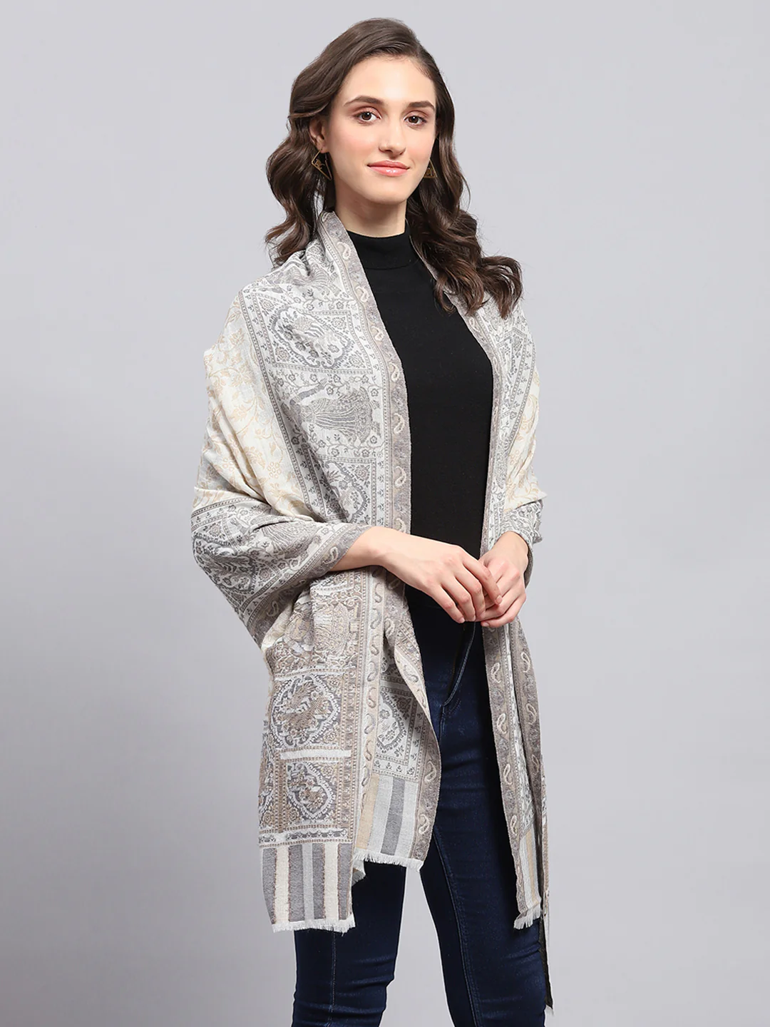Women Grey Self Design Stole - Image 4