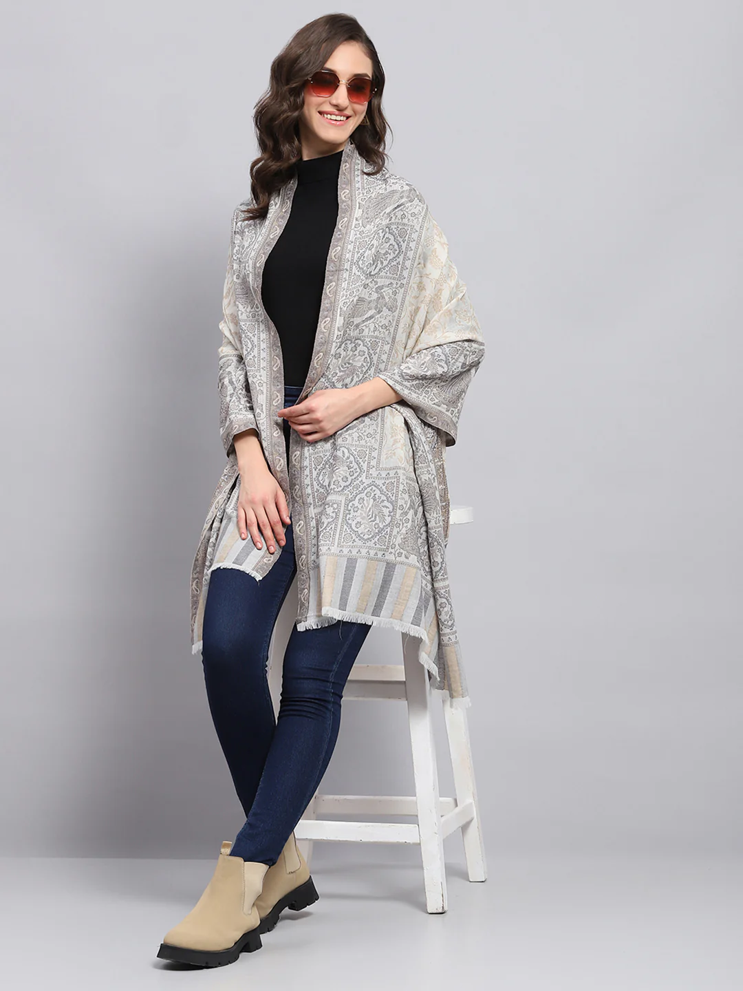 Women Grey Self Design Stole - Image 5