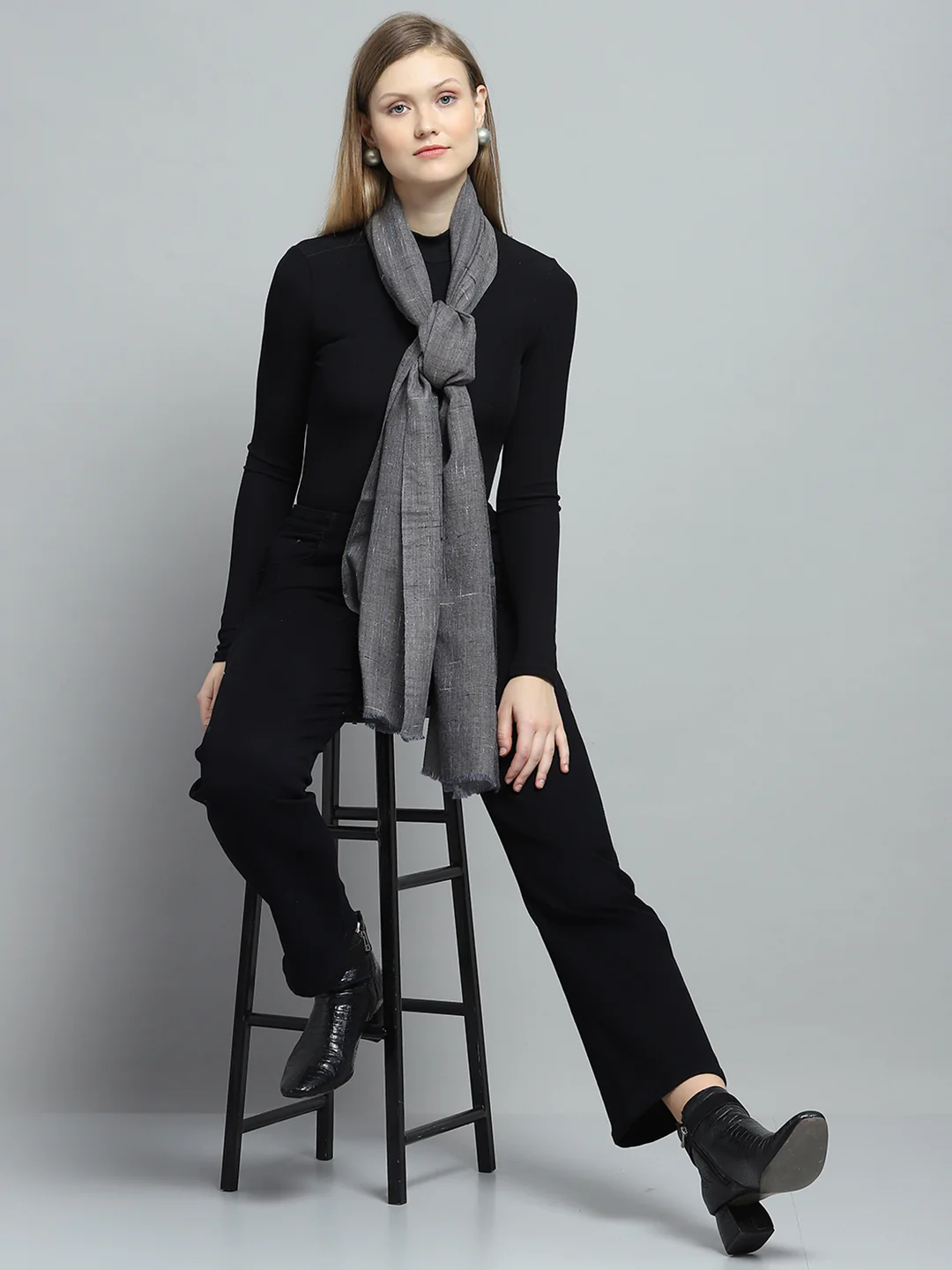 Women Grey Self Design Stole - Image 2