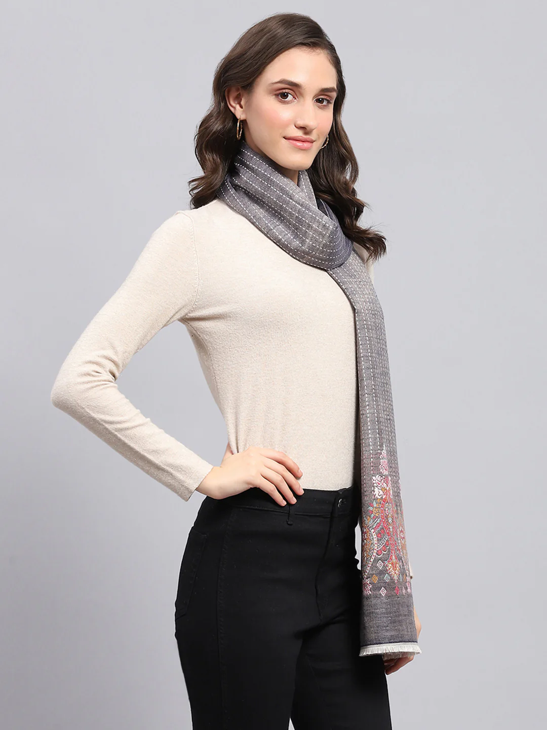 Women Grey Self Design Stole - Image 5