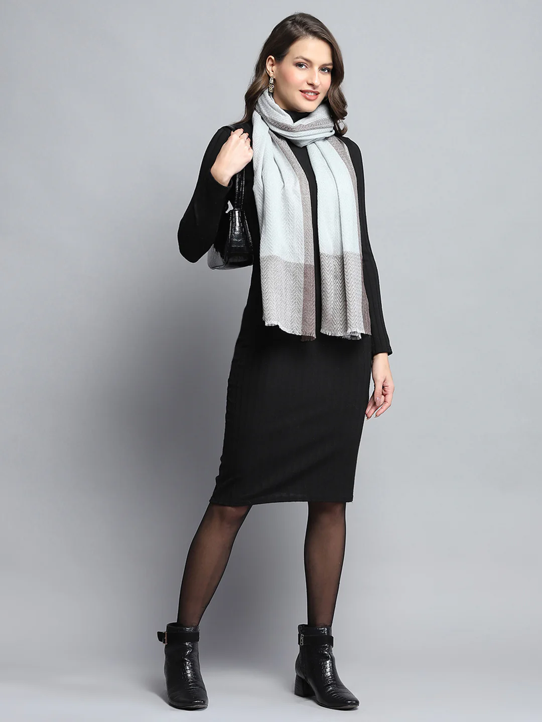 Women Grey Self Design Stole - Image 2