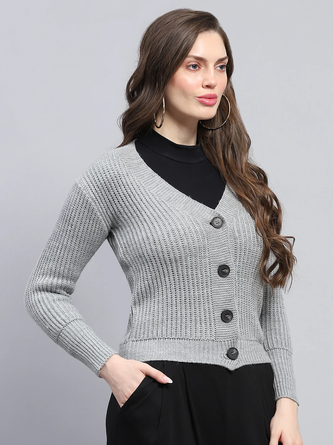 Women Grey Self Design V Neck Full Sleeve Cardigan - Image 4
