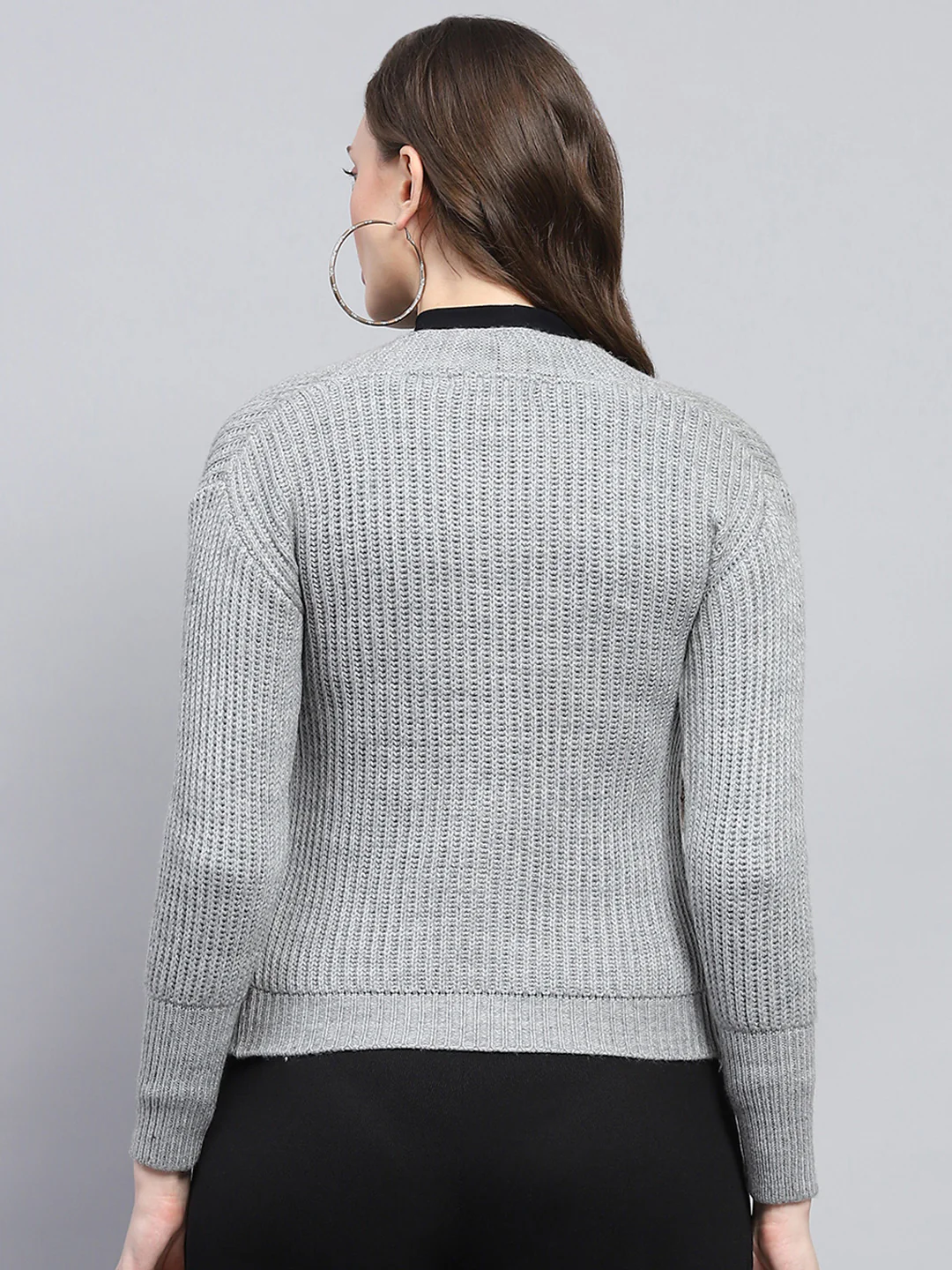 Women Grey Self Design V Neck Full Sleeve Cardigan - Image 5