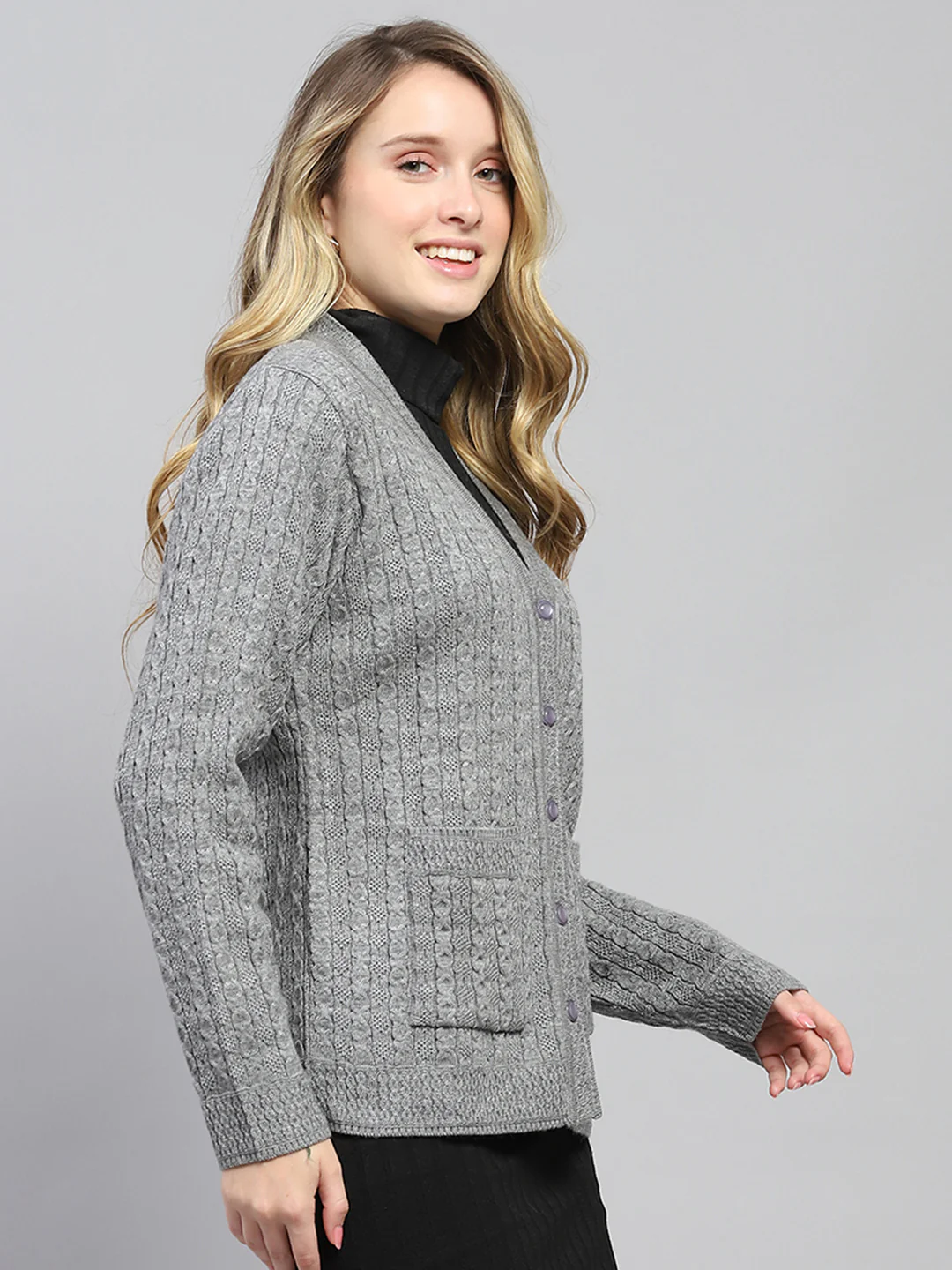 Women Grey Self Design V Neck Full Sleeve Cardigan - Image 4