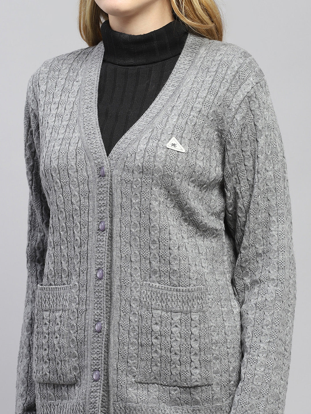 Women Grey Self Design V Neck Full Sleeve Cardigan - Image 6