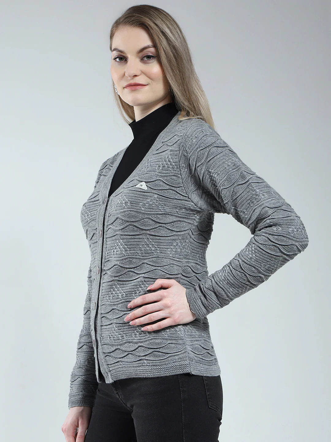 Women Grey Self Design V Neck Full Sleeve Cardigan - Image 3