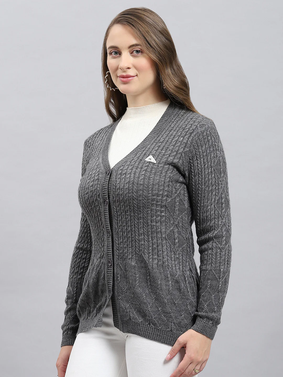 Women Grey Self Design V Neck Full Sleeve Cardigan - Image 2
