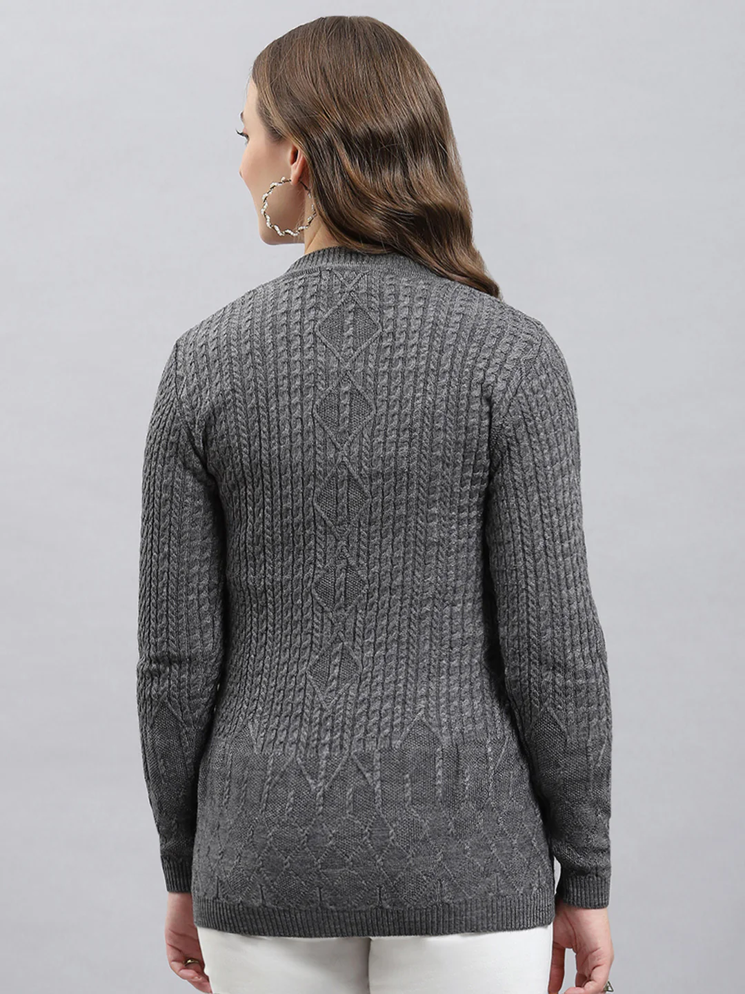 Women Grey Self Design V Neck Full Sleeve Cardigan - Image 4