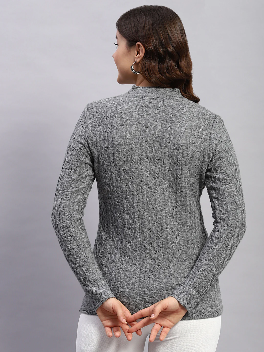 Women Grey Self Design V Neck Full Sleeve Cardigan - Image 5