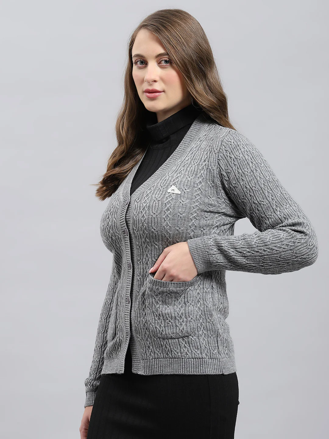 Women Grey Self Design V Neck Full Sleeve Cardigan - Image 2