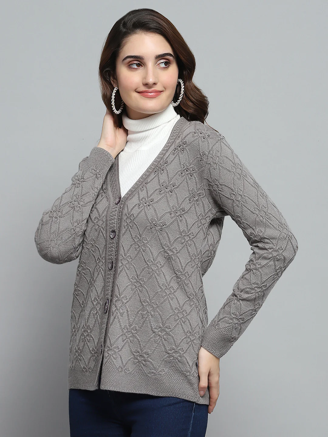 Women Grey Self Design V Neck Full Sleeve Cardigan - Image 3