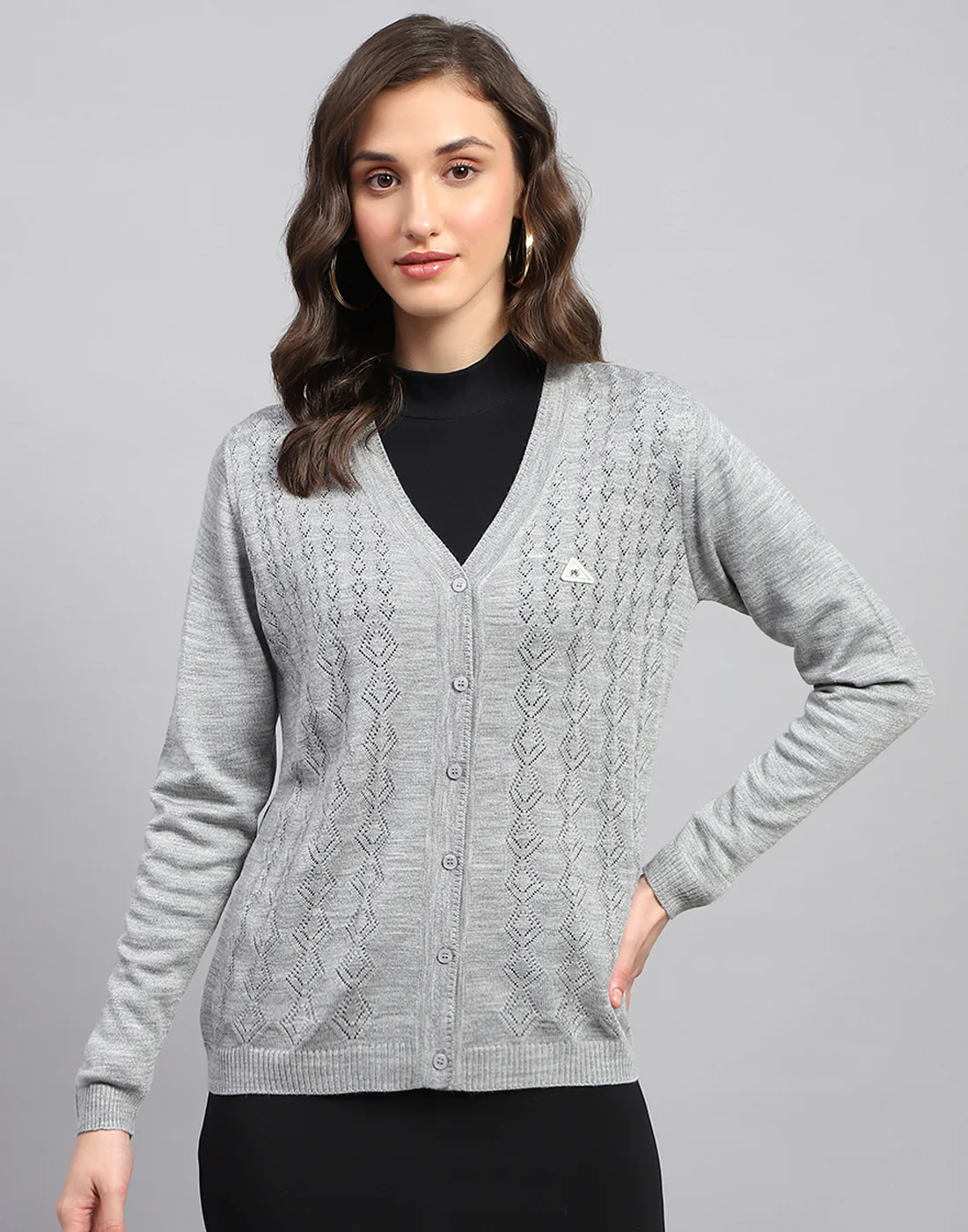 Women Grey Self Design V Neck Full Sleeve Cardigan - Image 3