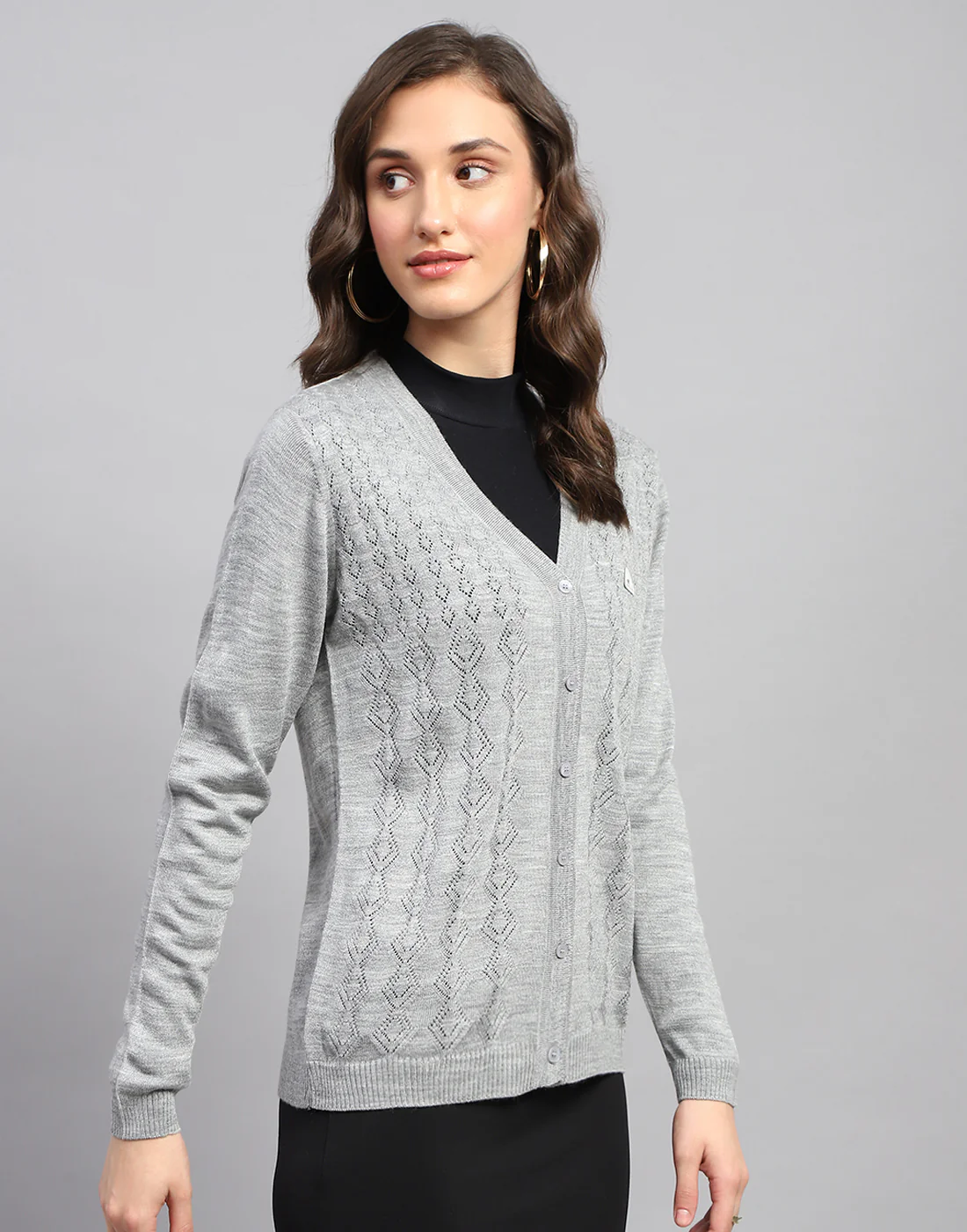 Women Grey Self Design V Neck Full Sleeve Cardigan - Image 5