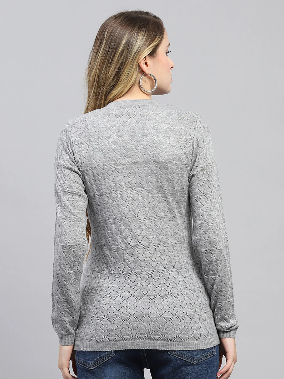 Women Grey Self Design V Neck Full Sleeve Cardigan - Image 5
