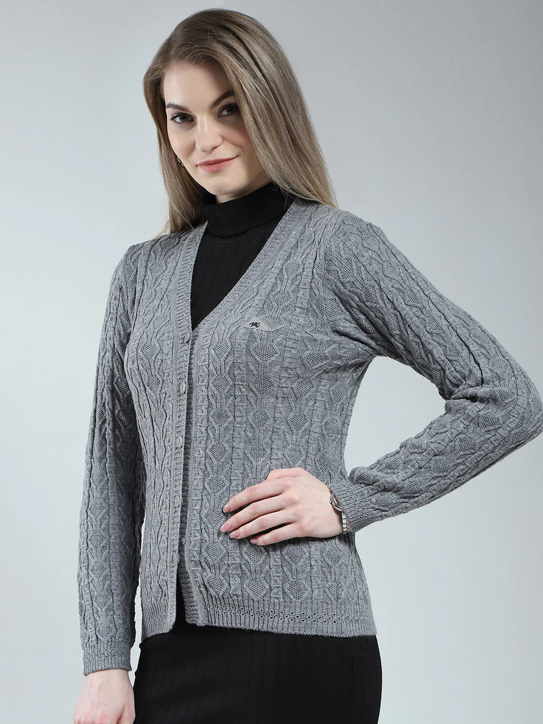 Women Grey Self Design V Neck Full Sleeve Cardigan - Image 3