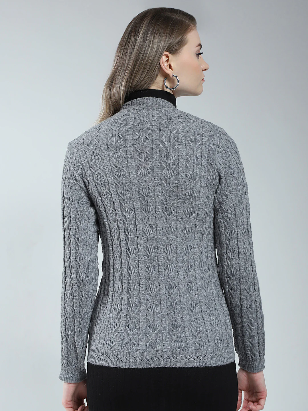 Women Grey Self Design V Neck Full Sleeve Cardigan - Image 5