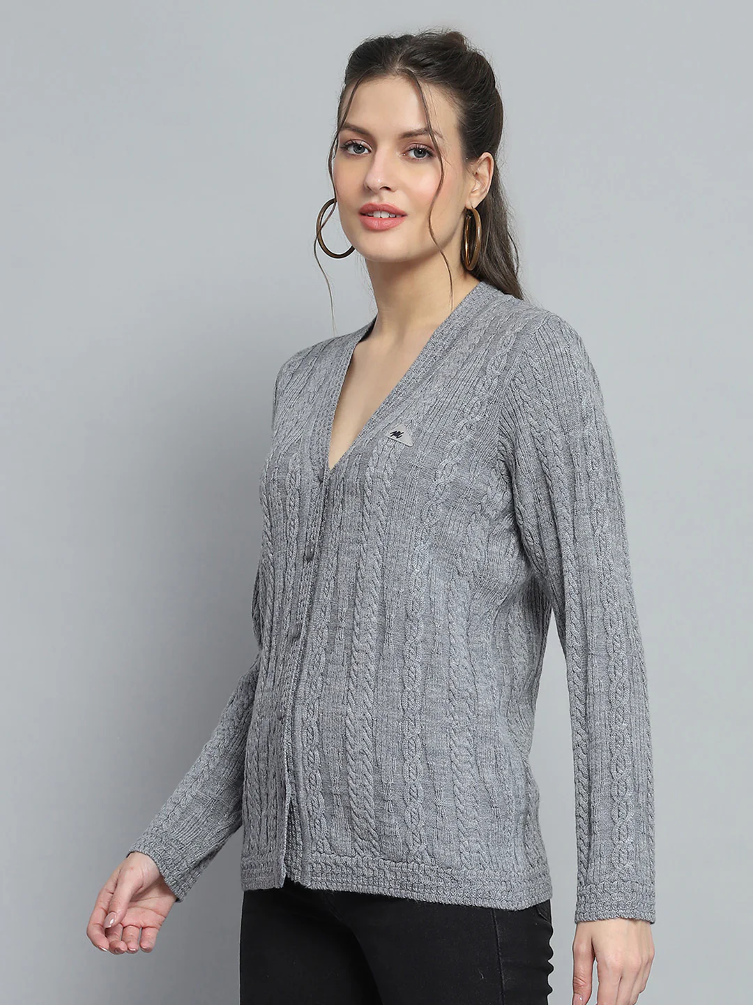 Women Grey Self Design V Neck Full Sleeve Cardigan - Image 3