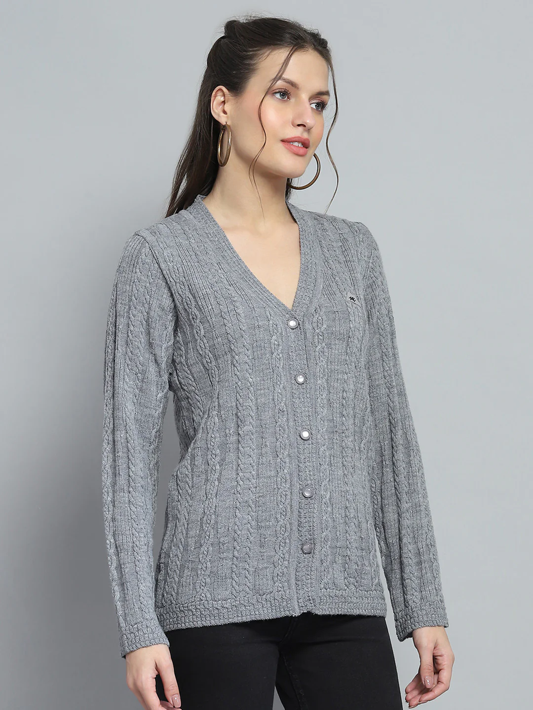 Women Grey Self Design V Neck Full Sleeve Cardigan - Image 4
