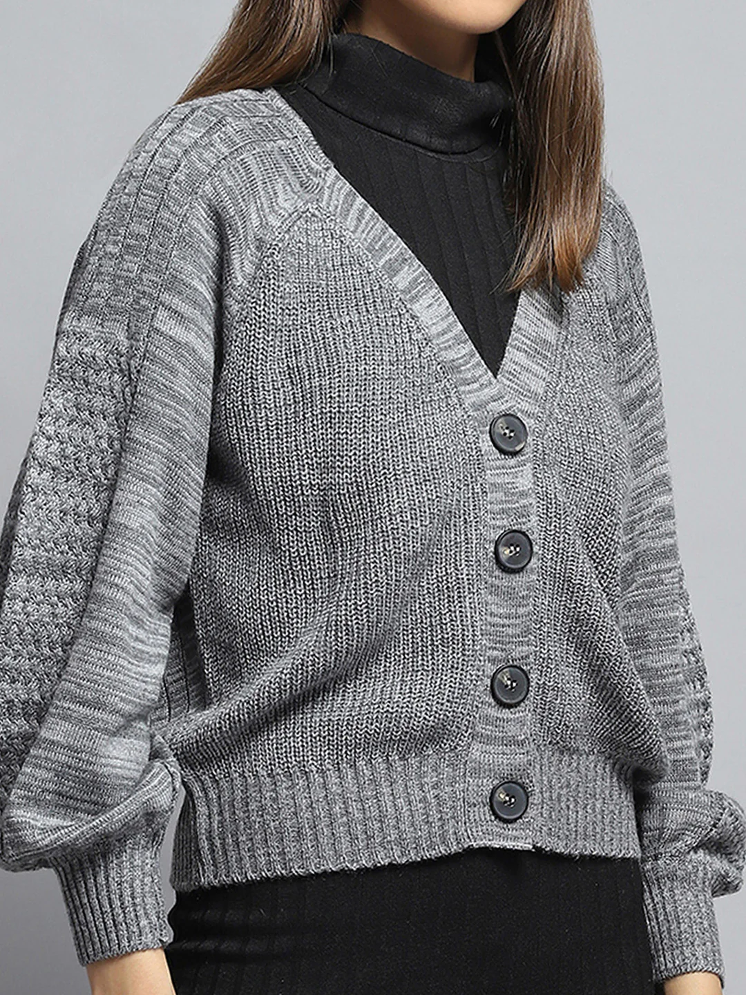 Women Grey Self Design V Neck Full Sleeve Cardigan - Image 6