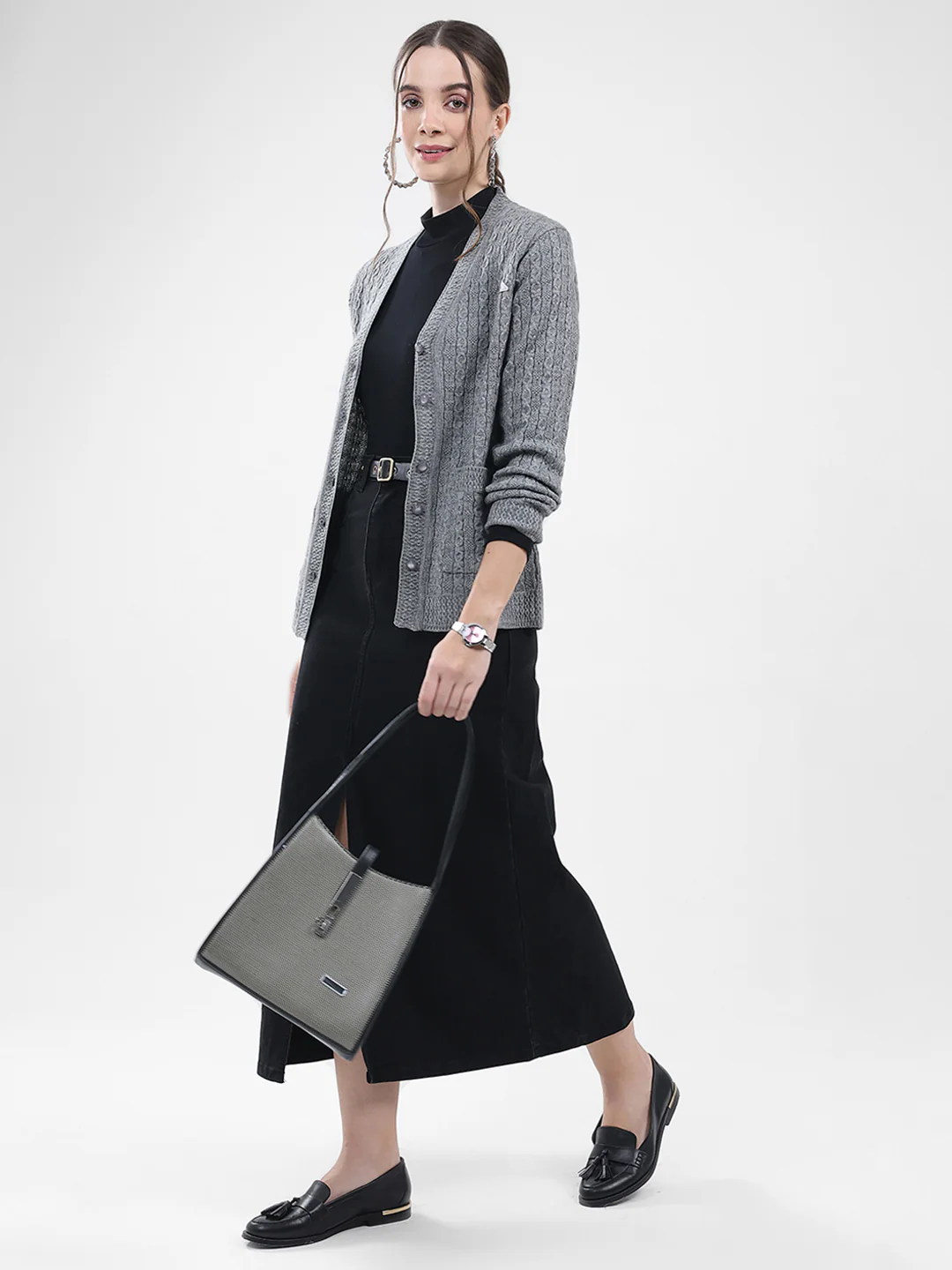 Women Grey Self Design V Neck Full Sleeve Cardigan - Image 2