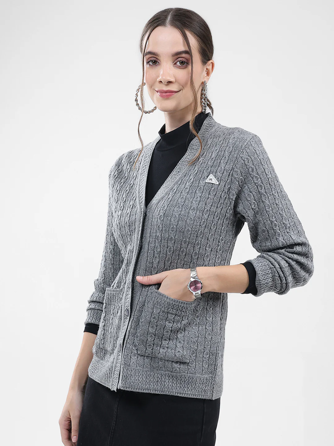 Women Grey Self Design V Neck Full Sleeve Cardigan - Image 3
