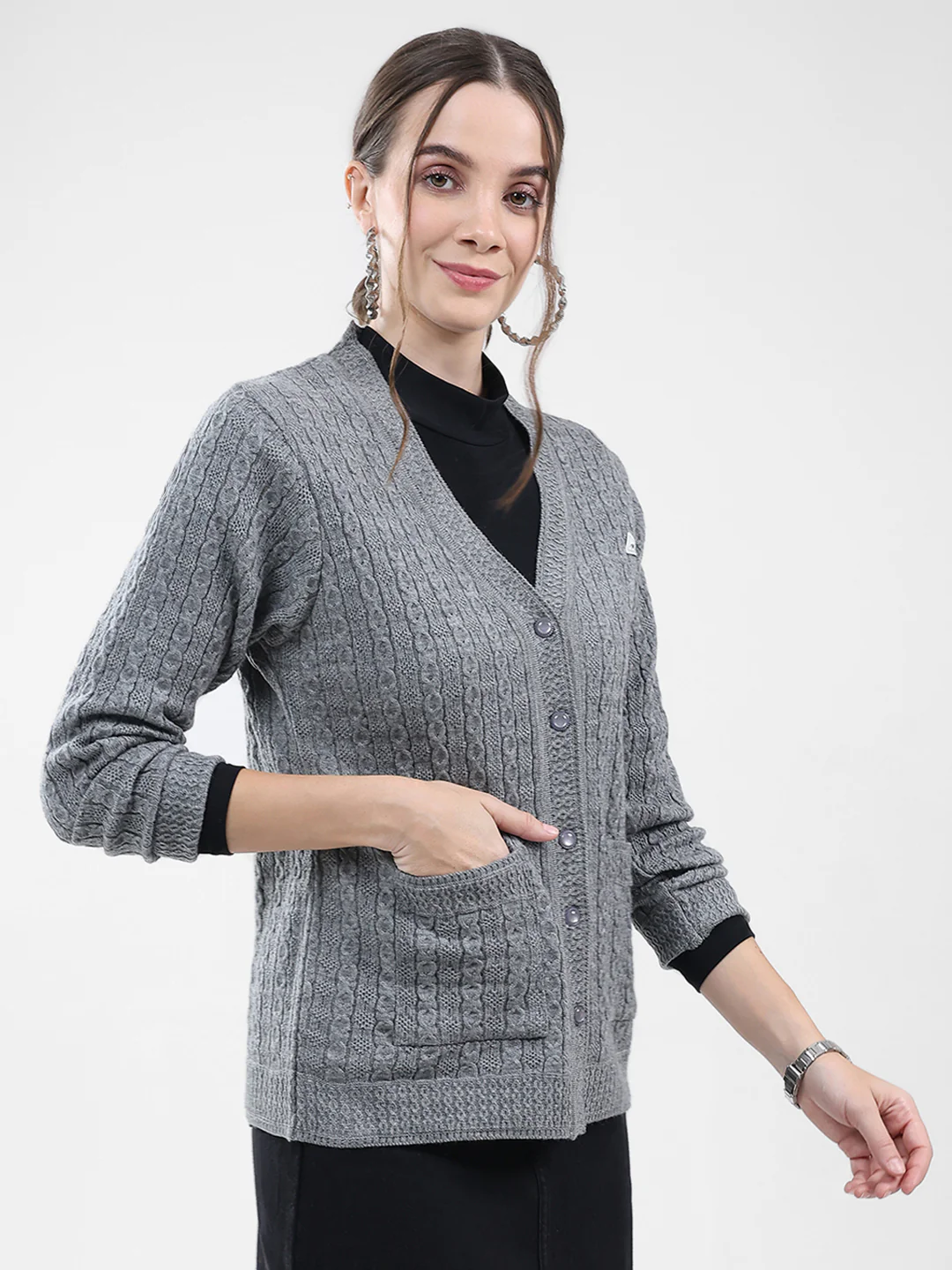 Women Grey Self Design V Neck Full Sleeve Cardigan - Image 4