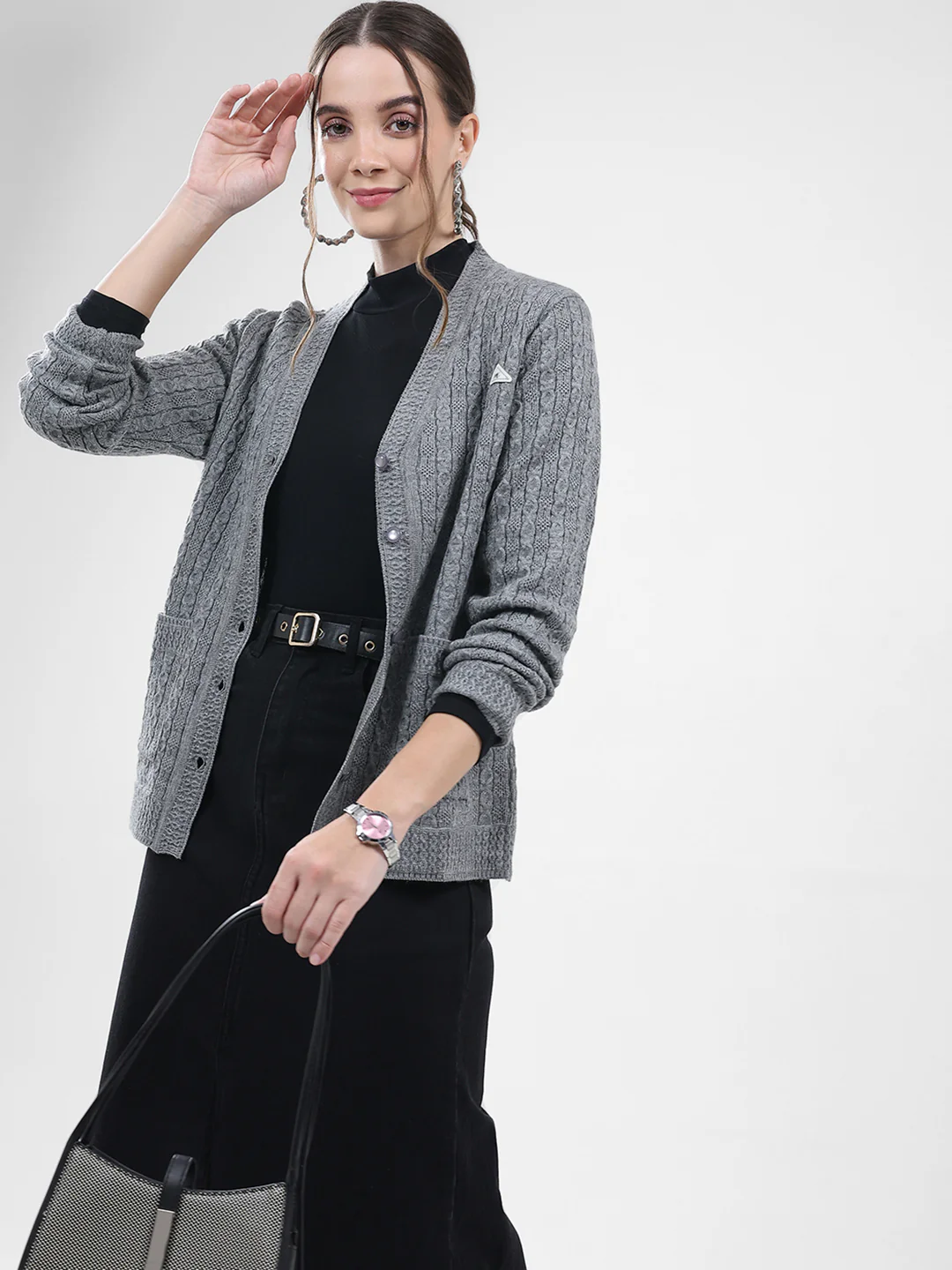 Women Grey Self Design V Neck Full Sleeve Cardigan - Image 6