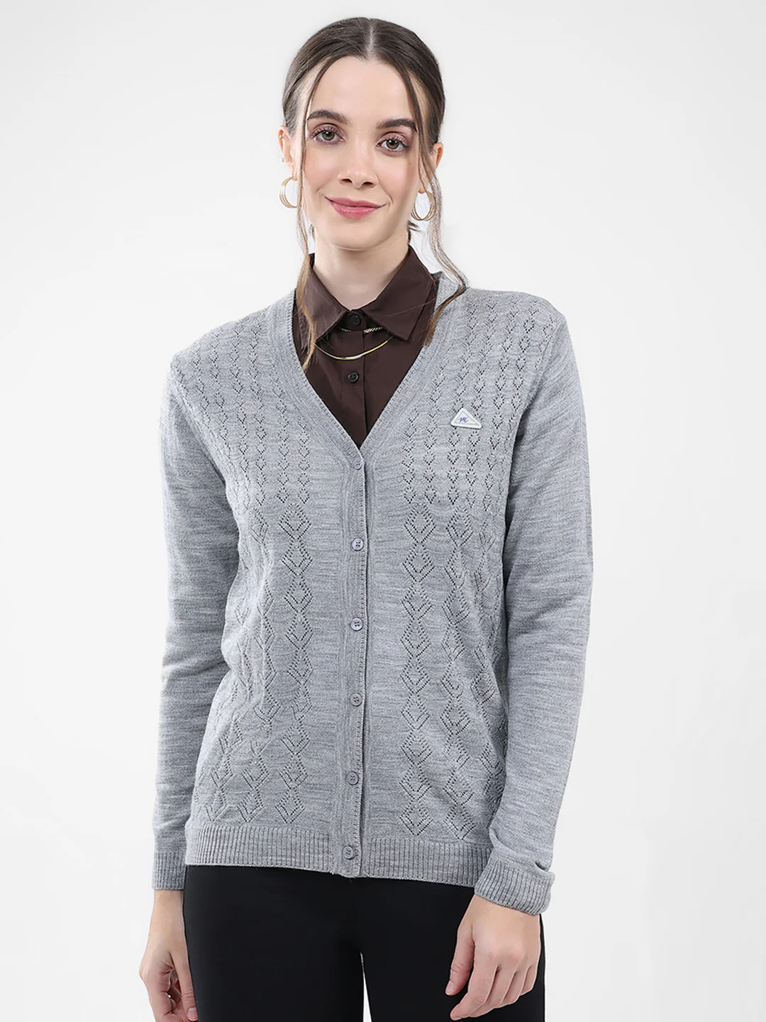 Women Grey Self Design V Neck Full Sleeve Cardigan