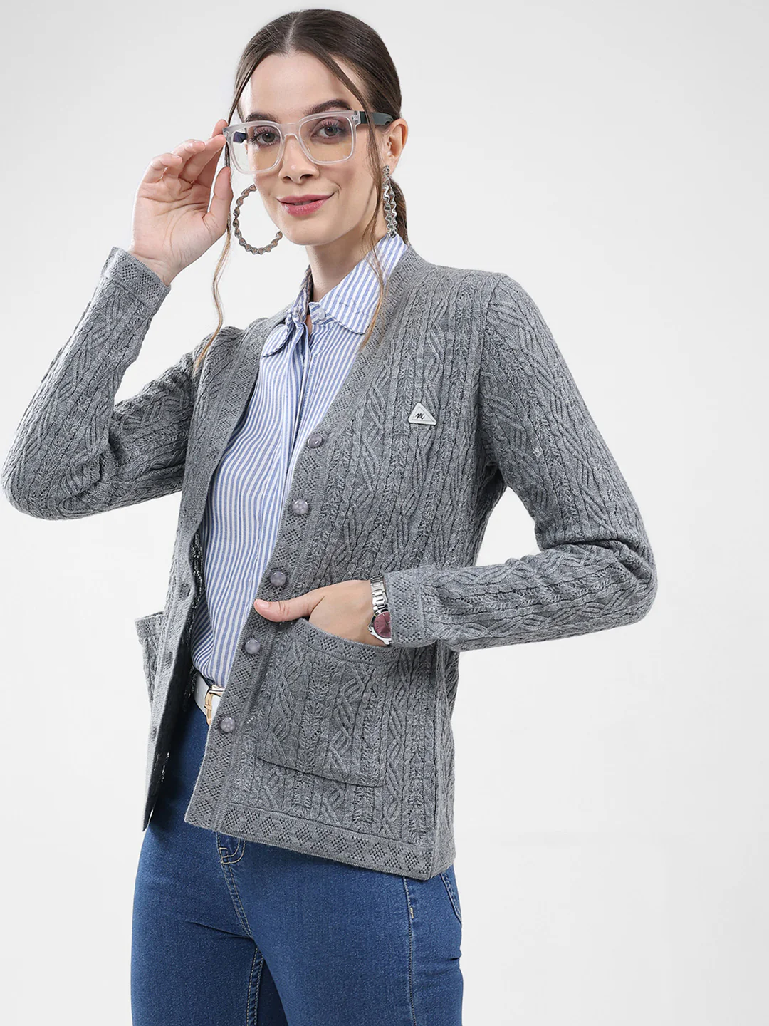 Women Grey Self Design V Neck Full Sleeve Cardigan - Image 6