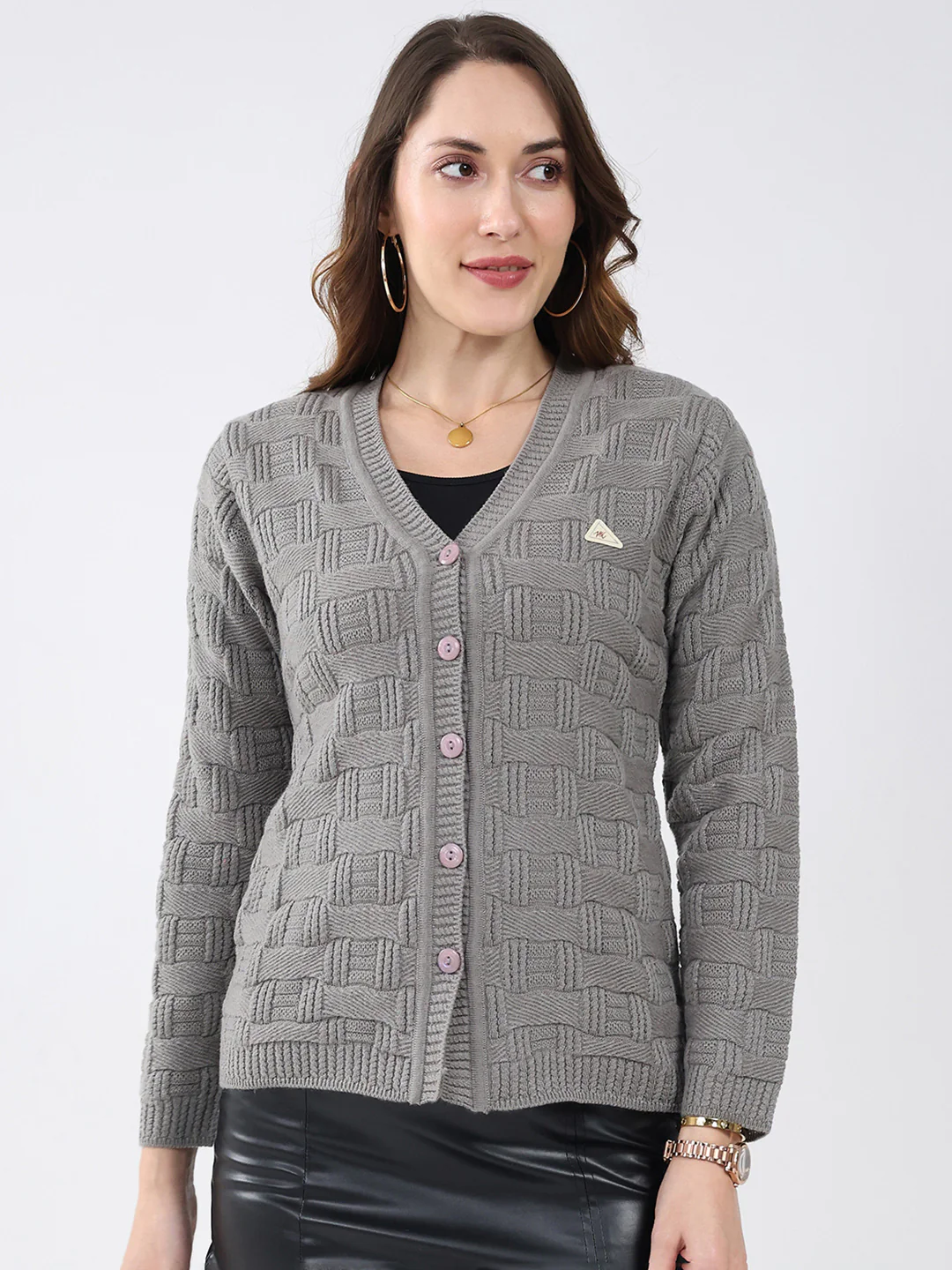 Women Grey Self Design V Neck Full Sleeve Cardigan